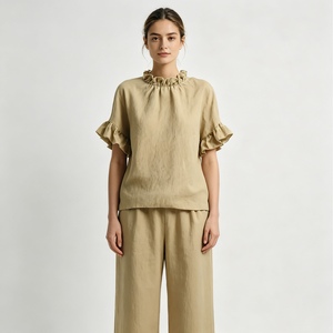 Blus Wanita dengan Kerah dan Lengan Berumbai dalam Warna Solid dengan Potongan Longgar dan Lengan Mengembang Atasan Kemeja Blus Sehe Fashion - Product Image 1