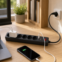 Multiprise HAOYONG 16A en cuivre avec 2 ports USB, protection contre les surtensions, 5 prises, rallonge