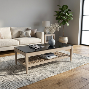 Table basse moderne rectangulaire, table centrale avec plateau en verre et base en bois, table à thé pour salon - Product Image 3