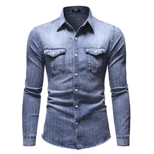 Sıcak satış popüler artı boyutları kot yıkanmış ince erkek Denim gömlek