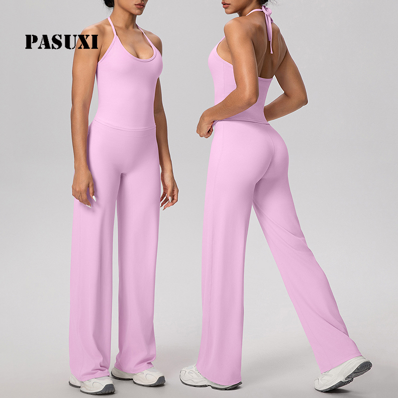 PASUXI Women's Halter Strap Bra 2-Piece Workout Set-Lightweight Spandex/Nylon Fabric Breathable Sweat-Wicking Elastic Waist