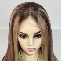 Wig rambut manusia lurus tulang asli pendek wig depan renda ditarik ganda Vietnam warna Piano sorot tanpa lem pemakaian dan pemakaian