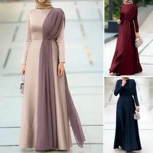 2022 Hot Style Muslim Womens Ladies Long Sleeve Patchwork Evening Prom Gown Swing Maxi Dress