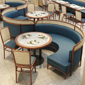Semicircle Rattan Frame Curved Booth Banquette Marble Top <b>Round</b> <b>Dining</b> <b>Table</b> Rattan Back Solid Wood <b>Dining</b> Chairs <b>For</b> Cafe - Product Image 1