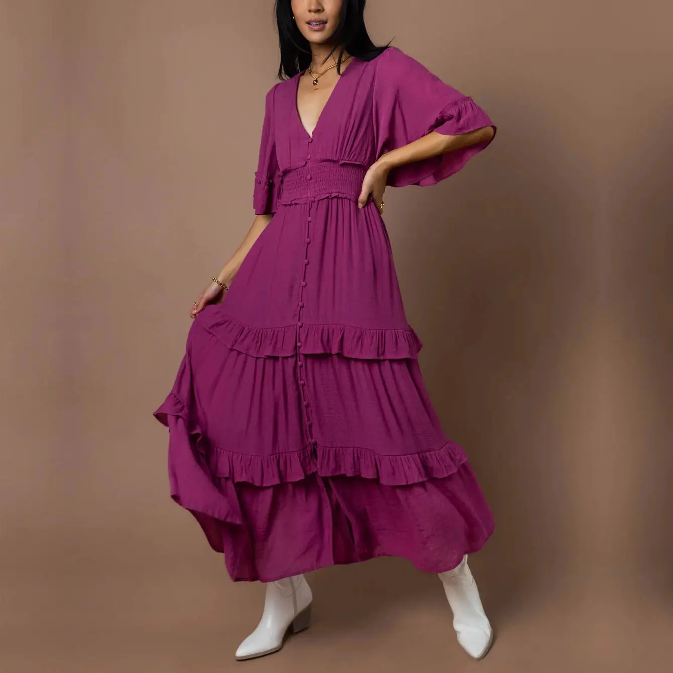 Low MOQ Custom Ruffle Frill Maxi Dress Summer Clothing Sexy V neck Short Sleeve Fashionable Ruffle Dress Long Women
