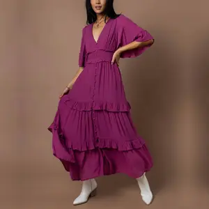 Low MOQ Custom Maxi Dress Summer Clothing Sexy V Neck Short Sleeve Fashionable High Quality Linen Dress Long Women