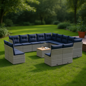 ชุดสวนกลางแจ้ง โซฟาหวายโพลีสีเทา 14 ชิ้น พร้อมเบาะรองนั่ง ดีไซน์ร่วมสมัยสำหรับใช้ในลานบ้านและสนามหลังบ้าน - Product Image 2