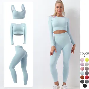 Breathable Crop Top Sports Bra Leggings Ribbed Yoga Set For Women Workout Clothing 3 Piece Seamless Yoga Set