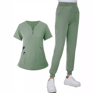 Women Hospital Uniform Scrub Set V Neck Short Sleeve Knitted Moisture Wicking Split Pants For Dental Nurse Workwear - Product Image 1