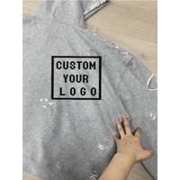 Sweat-shirt à capuche surdimensionné pour homme, personnalisé avec logo, effet vieilli, déchiré, court, épaules tombantes, style vintage, lavé, vente en gros