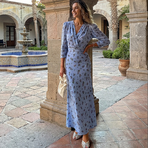 Vestido Midi con Estampado Floral Azul, Cuello en V, Manga Tres Cuartos, Estilo Tubo, Casual, Veraniego, Transpirable, para Mujer - Product Image 4