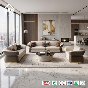 Ensemble de meubles de salon : Canapé en cuir véritable, table basse à plateau en marbre, meuble TV matelassé pour la conception de villas, personnalisation complète de la maison - Product Image 4