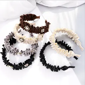 Korean Headband Pure Color Pleated Fabric Diamond Pearl Head wear Ladies Fashion Hair Accessories Headband