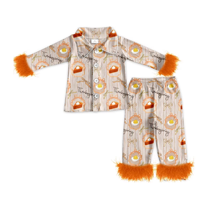 Conjuntos de pijamas de otoño para niñas pequeñas, pantalones con estampado de Halloween y botones, pantalones de manga larga con ribete de piel, ropa de descanso - Product Image 5