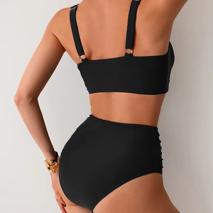 Eo Cao <span class=keywords><strong>C</strong></span>ủa Phụ Nữ Bộ Bikini Thiết Lập Tâng bố<span class=keywords><strong>c</strong></span> Phù Hợp Mới Nhăn Hai Mảnh Áo Tắm Push-up Rắn Màu Rộng Dây Đeo Cho Bãi Biển Đồ Bơi - Product Image 6