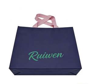Custom OEM Free Design Handmade Pink Ribbon Handle Coated Dark Blue Kraft Packaging Paper <b>Bag</b> <b>for</b> Gift Packaging - Product Image 3