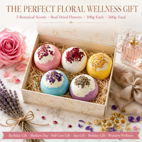 Coffret Cadeau de Bombes de Bain Artisanales aux Fleurs Séchées Naturelles, 5 Pièces, 100g, Rose, Lavande, Camomille, Violette, Lait de Rose, Étiquette OEM