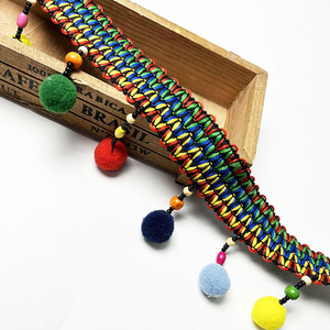Mousse en <span class=keywords><strong>coton</strong></span> colorée, 2 pièces de 7 cm de largeur, fait à la main, frange Pom, dentelle avec perles en bois, boules poilues pour écharpe, textile de maison - Product Image 2