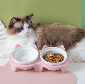 ชามอาหารแมวแบบแยกส่วนแห้ง-เปียก ชามคู่เอียงป้องกัน<span class=keywords><strong>คอ</strong></span>เสียดสี ลายอุ้งเท้าเซรามิก ลายก้างปลา แบบสองในหนึ่ง ป้องกันการหก - Product Image 2