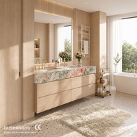 Meuble-lavabo double vasque en panneau ENF avec comptoir en marbre, chêne naturel, suspendu, 4 tiroirs, miroir LED, pour salle de bain principale, OEM ODM