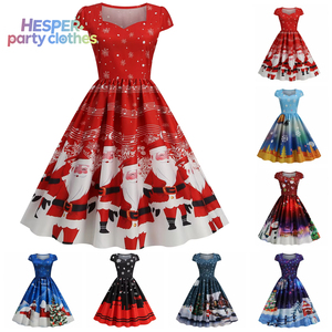 Vestido de satén con estampado vintage de estilo europeo americano para mujer HESPER, cuello cuadrado, cintura cruzada, estilo casual, para Navidad - Product Image 1