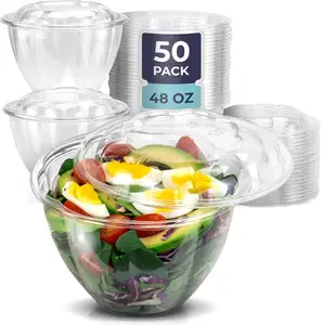 Vente en gros de saladiers en plastique PET recyclable ultra transparents et durables de haute qualité résistants à l'eau 48 oz avec couvercles hermétiques