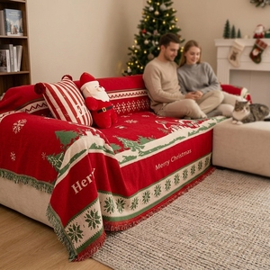 Roter Festlicher Weihnachtsmuster Chenille-Sofabezug Ohne Reißverschluss Vollständig Umhülltes Sitzkissen & Decke - Product Image 2