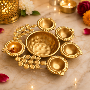 Premium Brass Urli Bowl with 6 Attached Diyas Handmade Christmas Home Decor Tea Light <b>Holder</b> Lid Floral <b>Floating</b> Bowl Pooja - Product Image 2