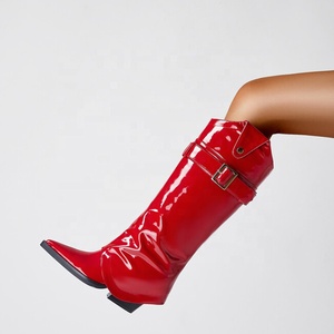 Cow Boy Western Styles Women Red Patent <b>Knee</b> <b>High</b> Boots 7.5cm Chunky Heels Overlay Booties Buckles Pants Shoes - Product Image 2
