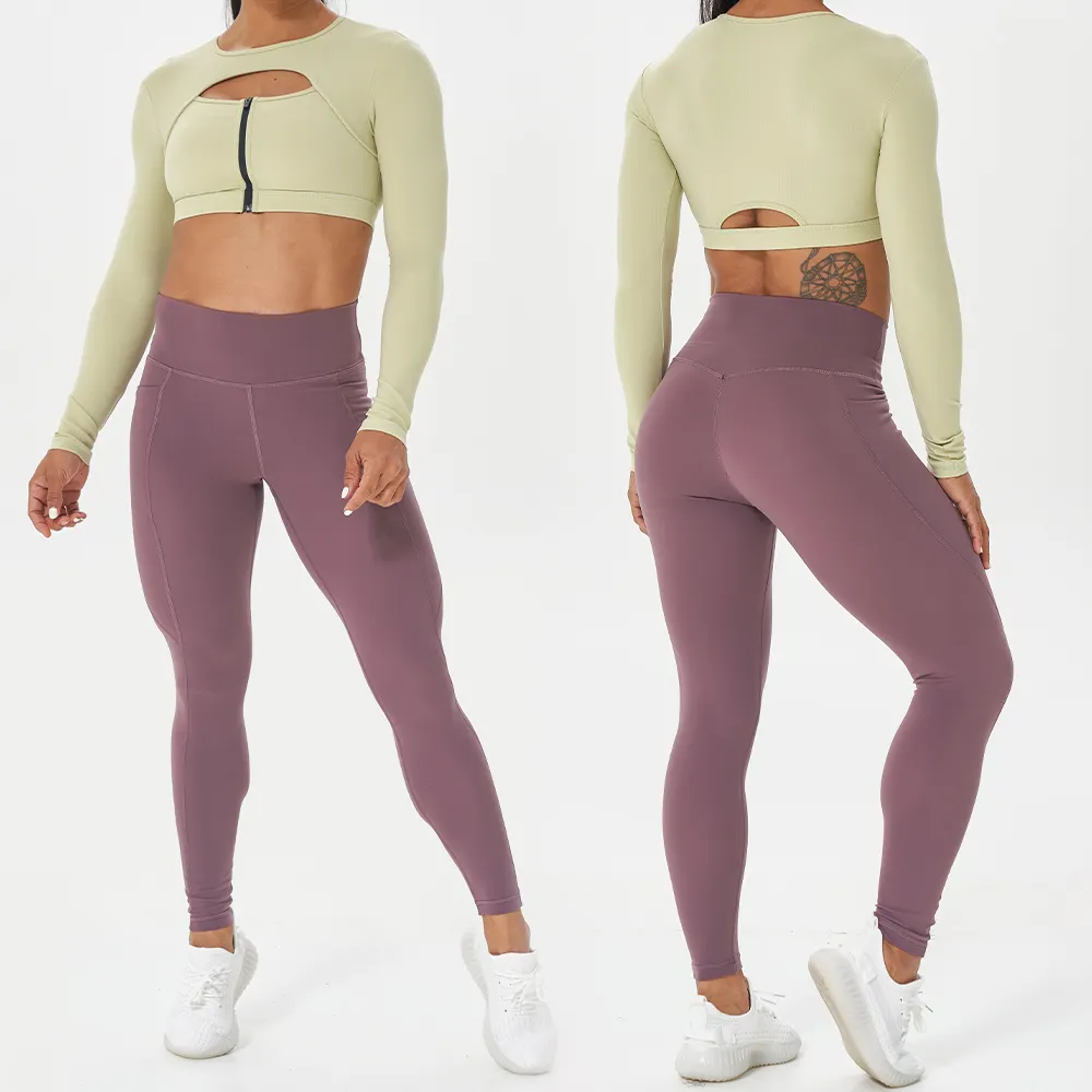 MIQI OEM Fashion Yoga Sets 2 Piece Long Sleeve Crop Top Yoga Legging Women Gym Fitness Sets