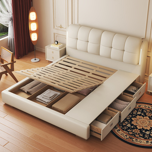 Lit rembourré moderne de luxe de taille <span class=keywords><strong>King</strong></span> & Queen avec de solides tiroirs de rangement dissimulés Cadre en bois et éclairage Tête de lit souple - Product Image 2