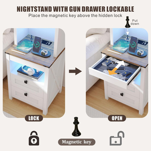 Tall Farmhouse Antique White Nightstand <b>with</b> <b>Motion</b> <b>Sensor</b> <b>LED</b> <b>Light</b> Wireless Charging Station and Lockable Hidden Gun Drawer - Product Image 3