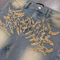 Jeans en denim délavé mi-acide personnalisés pour hommes, style vintage, déchirés, streetwear, hip-hop, broderie, strass, style rétro