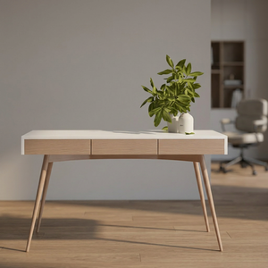 Escritorio moderno de madera escandinava con superficie blanca y tres cajones para uso en oficina en casa - Product Image 2