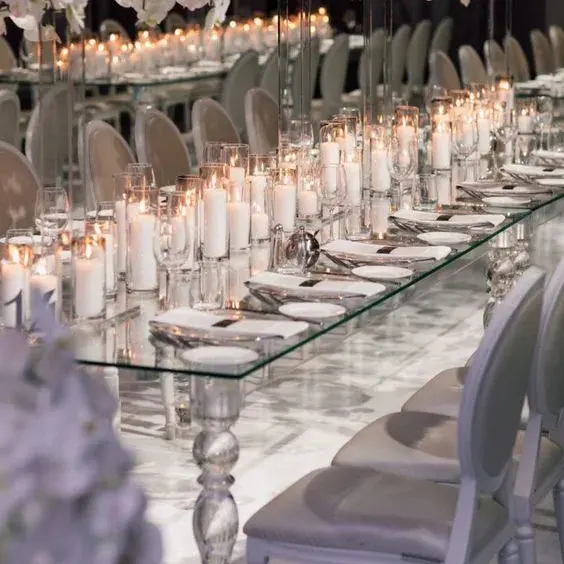 โต๊ะรับประทานอาหารอะคริลิคใสโต๊ะจัดงานแต่งงานอะคริลิคโต๊ะ Glasstop โต๊ะคริสตัลโรงแรมโต๊ะจัดงานแต่งงานอะคริลิค