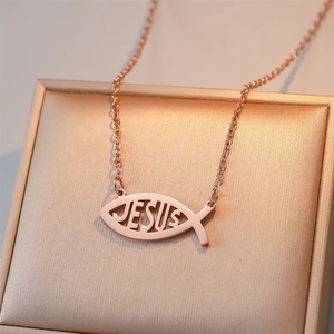 Colares de Pingente de Joias de Moda em Aço Inoxidável Banhado a Ouro à Prova d'Água com Tema Religioso Cristão de Peixe Jesus para Mulheres e Homens Atacado - Product Image 4