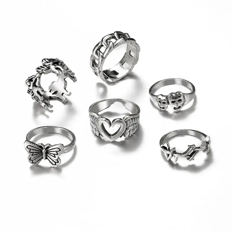 Vintage Silver Plated Angel Wings Ring for Women Gothic Punk Steampunk Heart Butterfly Skull Ring Sets Party Jewelry