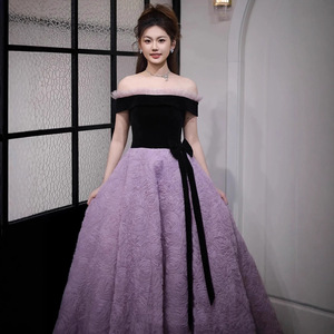 Purple Off The Shoulder Ball Gown Velvet Empire Waist Plus Size Evening Dress For Birthday Party Bride Art Exam Performance - Product Image 2