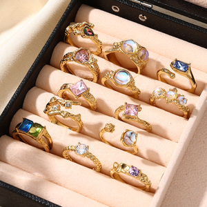 Ensemble <span class=keywords><strong>de</strong></span> bagues vintage tendance en acier inoxydable, plaqué or 18 carats PVD, étanche, antirouille, avec bande ouverte réglable et pierres <span class=keywords><strong>de</strong></span> lune - Product Image 1