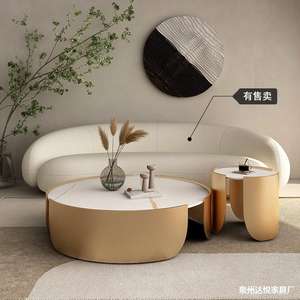 Table basse en marbre plaqué or, ronde, moderne, pour salon, design pour petit appartement - Product Image 4