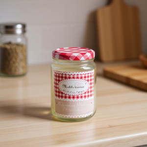 Glass Bottle 450cc 8x11cm With Red Checkered Lid For Food Storage 12Pcs - Product Image 2