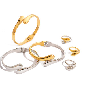 European American Style Bracelet <b>Set</b> Gold Silver Water Droplet Design Unisex Jewelry Gift Titanium Steel Ring And <b>Bangle</b> - Product Image 5