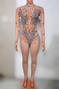 Combinaison moulante en maille argentée sexy avec diamants intégrés, manches longues, anneaux acrobatiques, bar, boîte de nuit, costume de scène DS pour soirée - Product Image 4