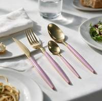 Ensemble de couverts en acier inoxydable 430 pour plaqué or PVD, 4 pièces, finition miroir, couteau, fourchette et cuillère à dîner avec manche en plastique, pour mariage