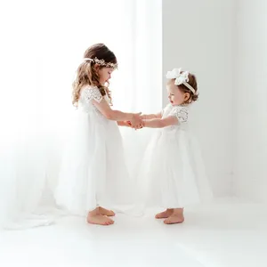 100% 코튼 Tulle 키즈 Frocks 생일 디자인 어린이 자수 가운 화이트 침례 드레스 유아 소녀 옷