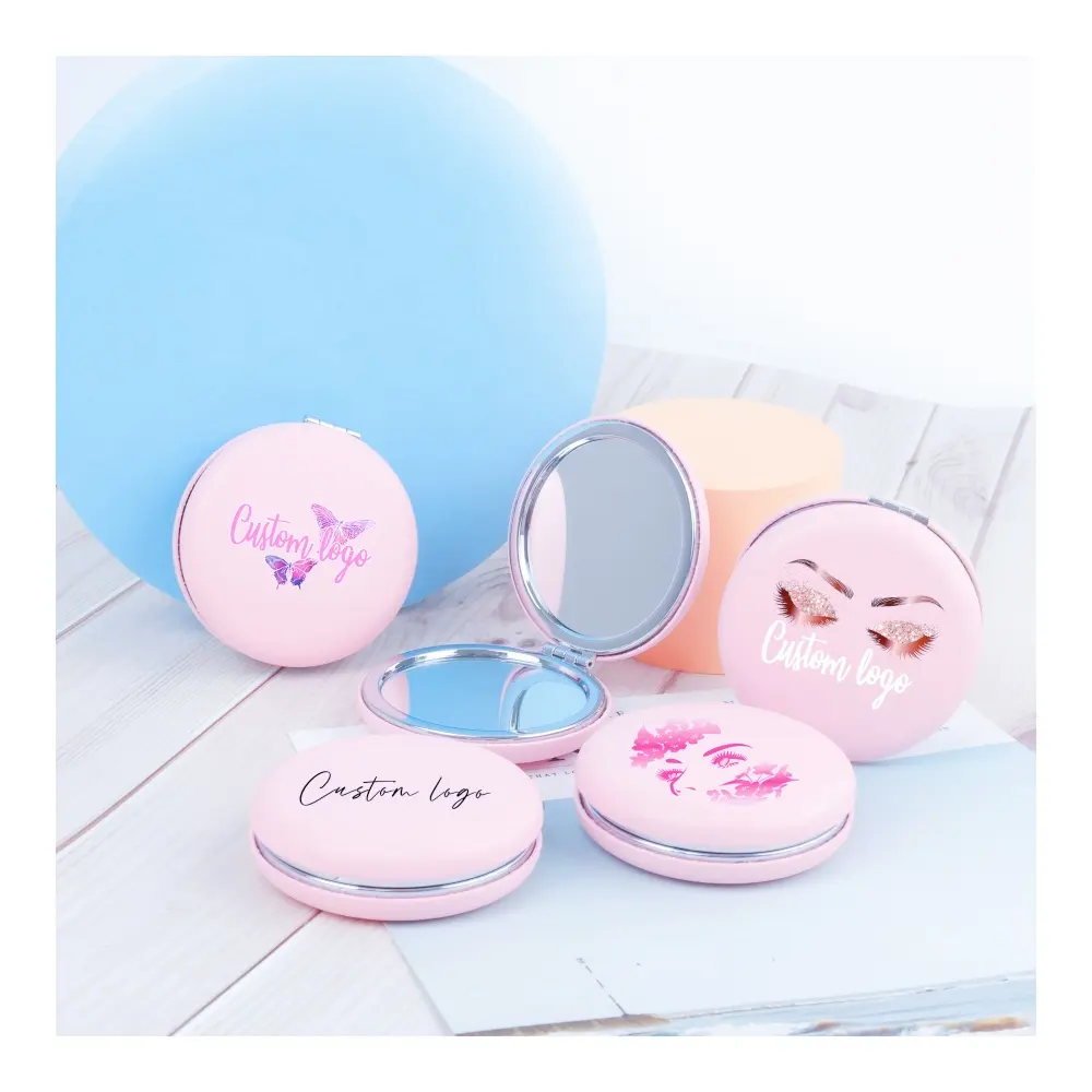 New Customized Logo PU Leather Round Travel Portable Cosmetic Pocket Makeup Mirror Double Side Round Square Pink Mirror