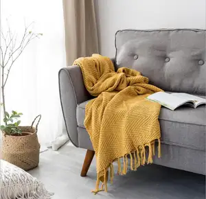 Grande couverture tricotée en coton, couverture tissée décorative légère et douce, confortable et confortable, avec glands