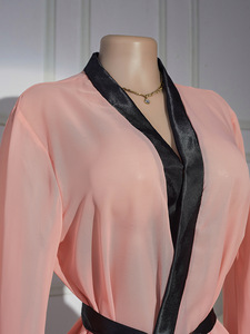 Zacht satijnen kimono badjas met contrasterende zwarte bies, kantzoom, wijde mouwen, zijdezachte loungewear, dames pyjamaset - Product Image 6