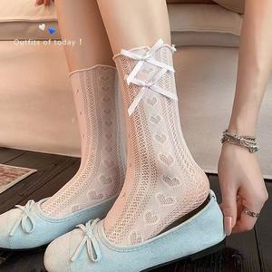 Lace Patterned Mid Calf <b>Socks</b> For Women White Cotton Bow Tie Slouch Style Breathable Summer Ballet <b>Socks</b> - Product Image 1