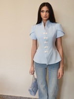 CJ - Nouvelle Blouse Printemps-Été Style Chinois à Col Montant Boutonné, Couleur Unie Écologique, Manches Courtes, Modèle Unique